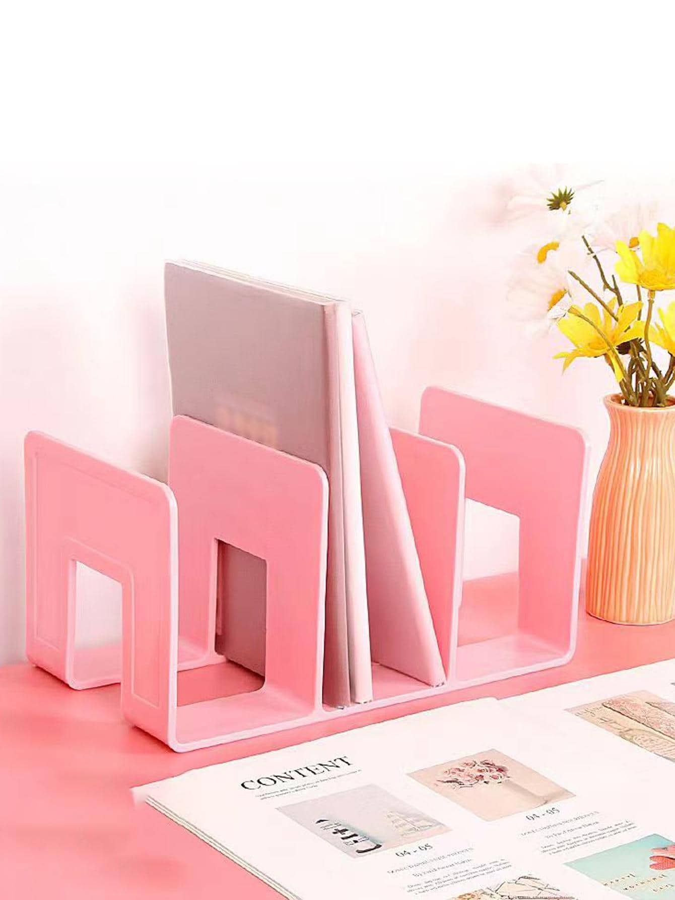 1入組素色裝飾書立，簡單多層多功能桌面書立，用於書籍存儲，分隔板 - 粉色 - 查看 1
