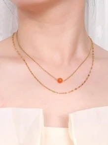 時尚不銹鋼珠子墜飾多層次項鍊適合女士日常裝飾 - 橘色 - 查看 1