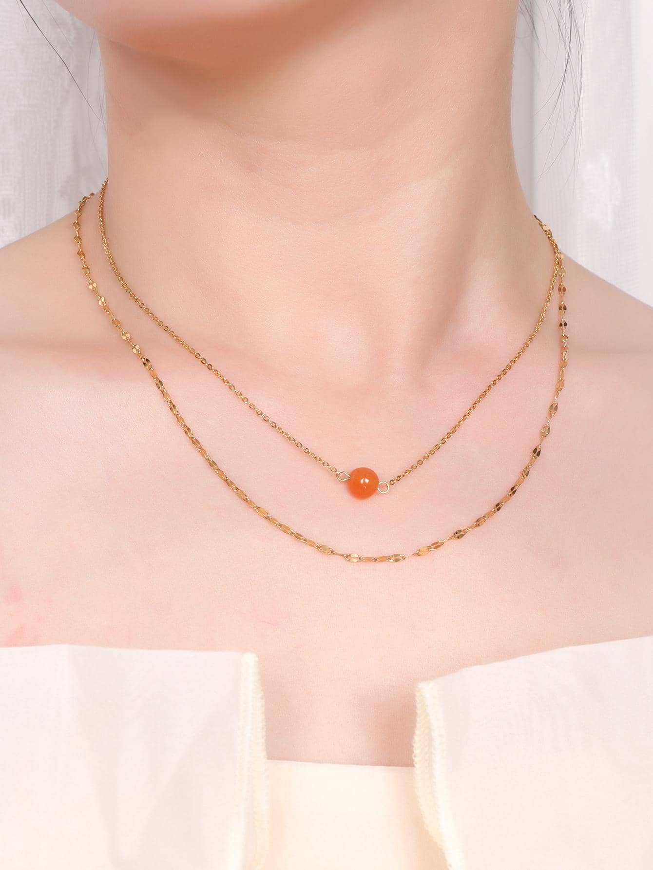 時尚不銹鋼珠子墜飾多層次項鍊適合女士日常裝飾 - 橘色 - 查看 1