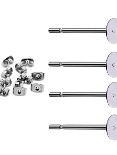 400pcs Hypoallergenic Stainless Steel Earrings Posts Flat Pad Blank Earring Pin Studs With Butterfly Earring Backs For Jewelry Making Findings