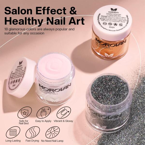 Morovan 18 Colors Dip Powder Pure Glitter Nail Dipping Powder Set with