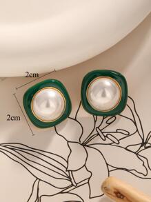 1 对时尚仿珍珠装饰方形耳钉女士礼物 - 綠色 - 查看 4