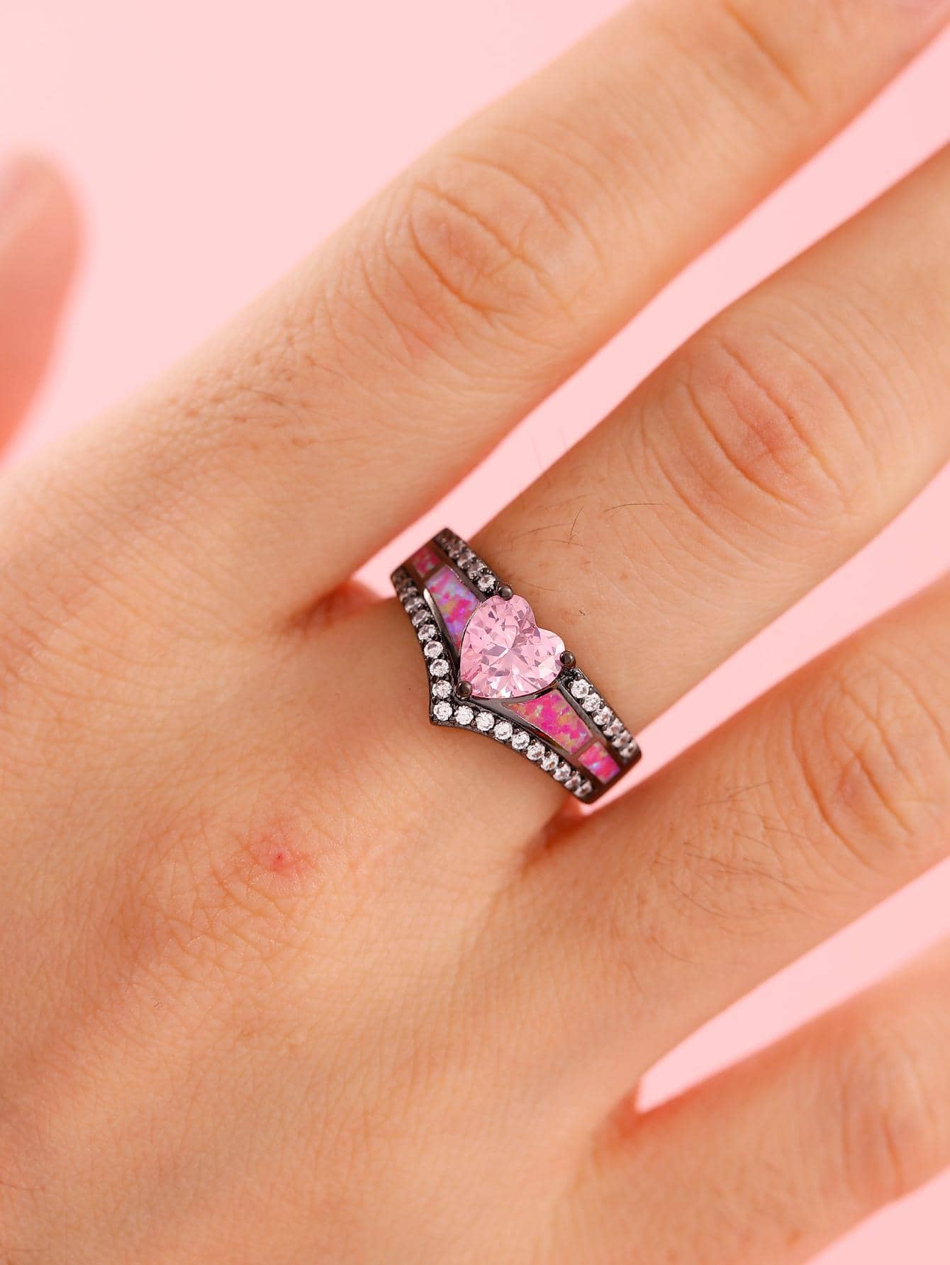 Nhẫn trang trí hình trái tim bằng đá rhinestone - Hồng - Xem 1