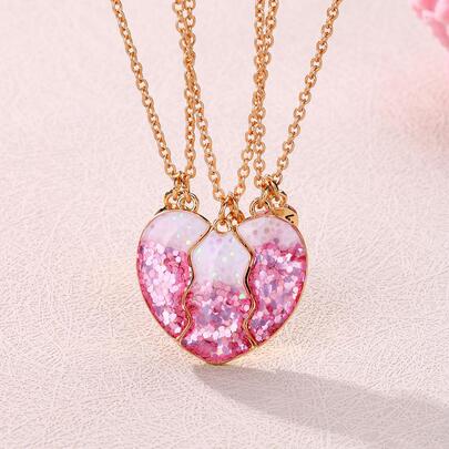 3pcs Girls' Bff Heart Shaped Zinc Alloy Pendant Necklace With Glitter Design, Magnetic Closure. Perfect Birthday Gift For Best Friends