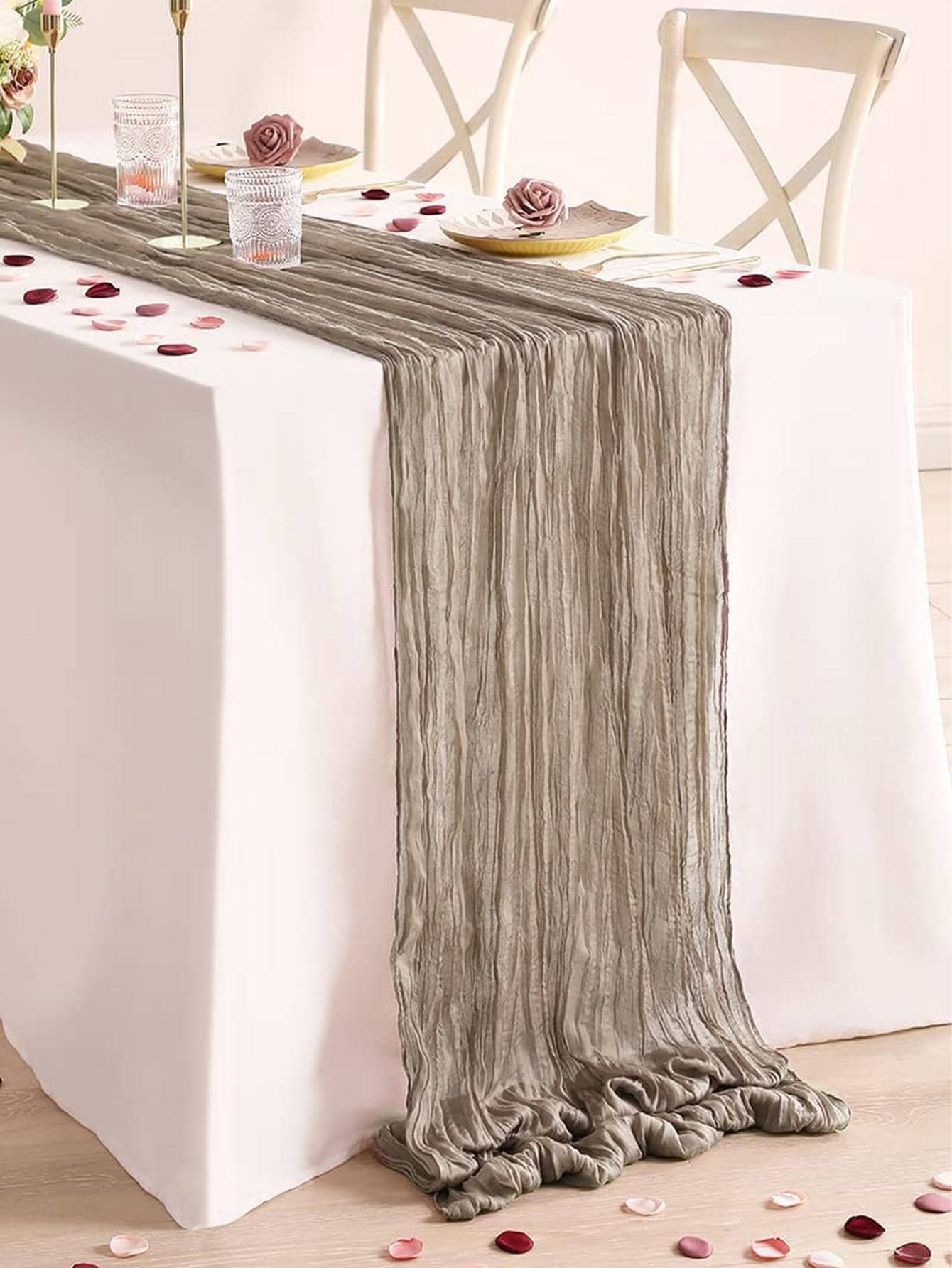 1pc Solid Color Pleated Table Runner, Modern Polyester Kitchen Table Runner For Home