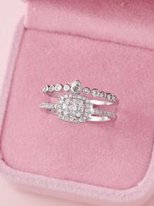 方晶鋯石裝飾雙層戒指 - 銀色 - 查看 3