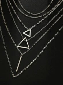 三角形吊墜多層項鏈 - 銀色 - 查看 4