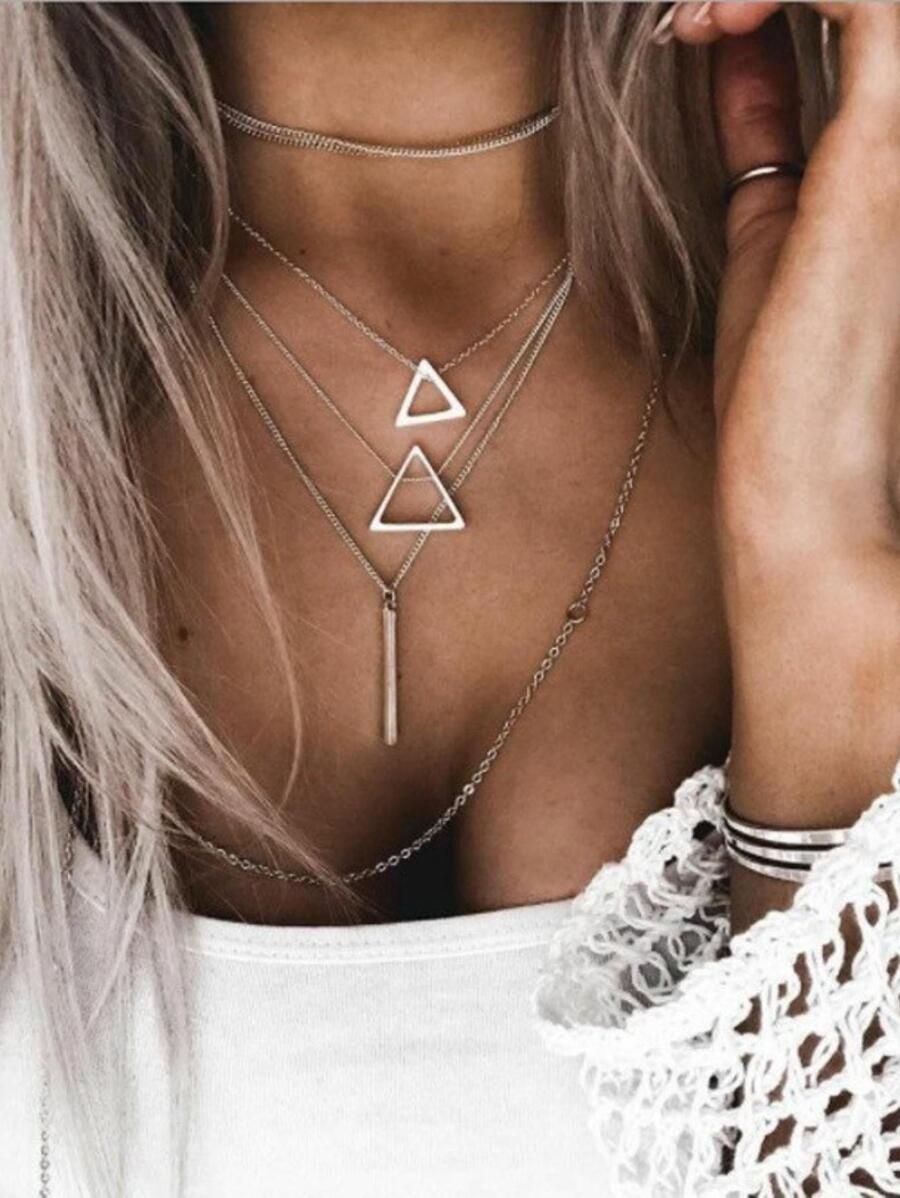 三角形吊墜多層項鏈 - 銀色 - 查看 1