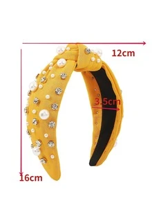 1pc Women's Pearl & Rhinestone Yellow Geometric Fabric Headband Fashionable Hair Accessory - Multicolor - View 3