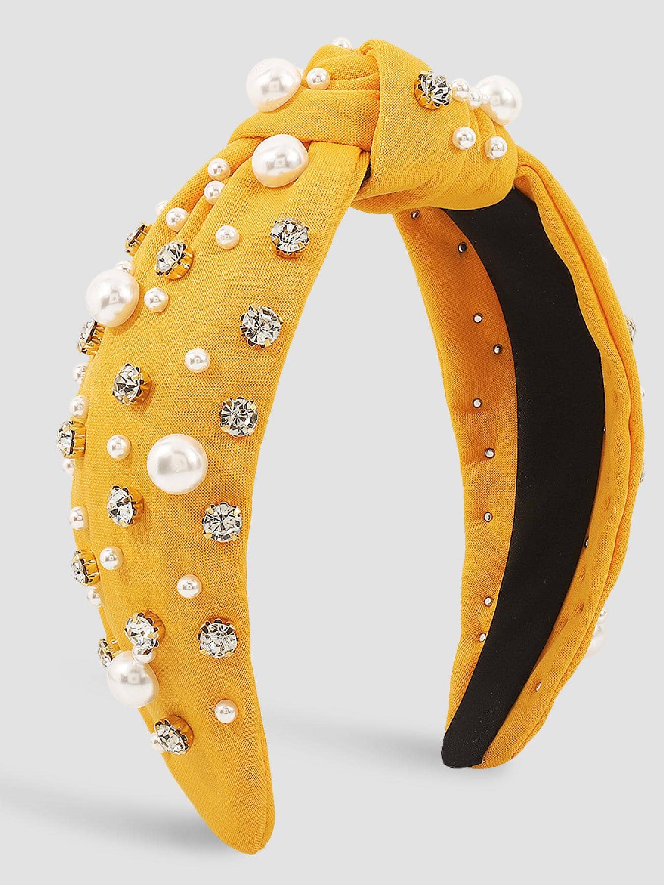 1pc Women's Pearl & Rhinestone Yellow Geometric Fabric Headband Fashionable Hair Accessory - Multicolor - View 1