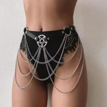 1pc Women Leather Five-Pointed Star Chain Waist Belt/Chain - Black - View 3