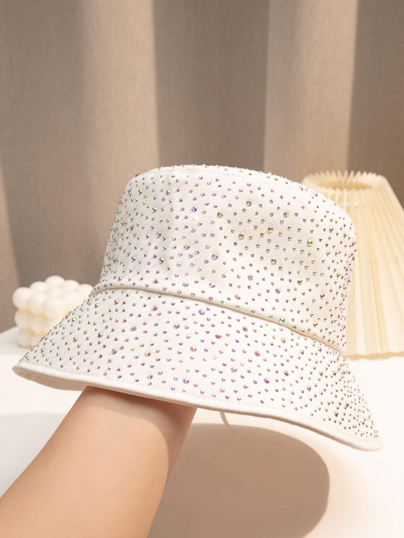 Women Rhinestone Decor Casual Bucket Hat For Daily Decoration - White - View 1