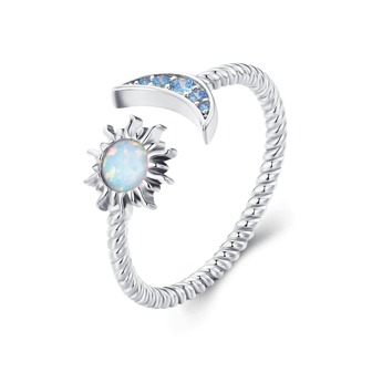 WOSTU 1pc Authentic 925 Sterling Silver Shining Sun & Moon Open Size Ring for Women Vintage Opal Ring Fine Jewelry Party Gift Gold and silver two colors