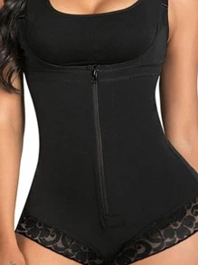 1 Pieza Corsé Deportivo Con Ribete De Volantes Y Cremallera Con Encaje Fajas Entrenador De Cintura Corsé - Negro - Ver 1