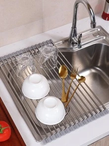 1pc Stainless Steel Dish Drying Rack, Modern Two Tone Multi-function Dish Strainer For Kitchen - Grey - View 3