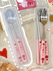 1 件草莓图案餐具套装，带透明储物盒，便携式不锈钢餐具套装和储物盒，适用于家庭、厨房、圣诞礼物、学校用品 - 粉色 - 查看 9