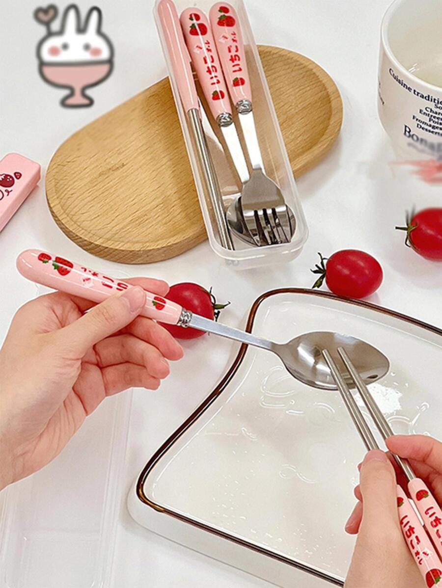 1pc Strawberry Pattern Cutlery Set With Clear Storage Box, Portable