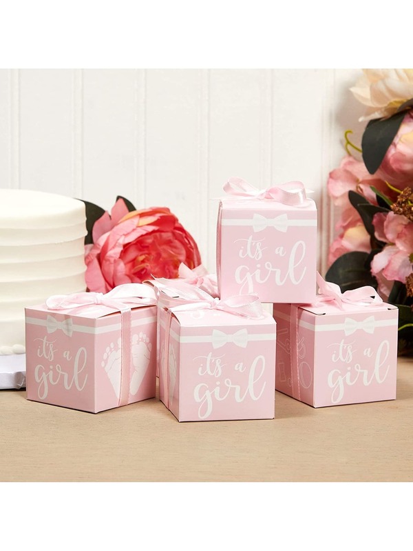 Its a Girl Baby Shower Party Favor Boxes with Ribbons (Pink, 50 Pack