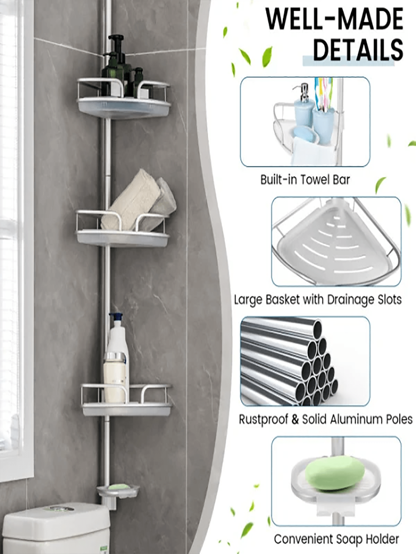 Shower Stand,Rustproof Tension Pole Corner Shower Caddy Stand Storage