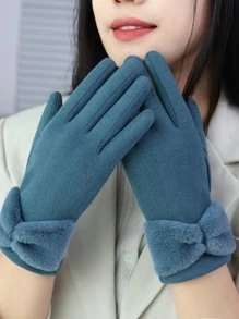 Bow Decor Solid Plush Lined Gloves - Dusty Blue - View 2