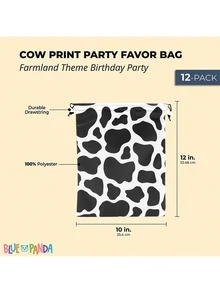 Blue Panda Cow Print Drawstring Party Favor Bags for Farm Birthday (10 x 12 In, 12 Pack) - Multicolor - View 2