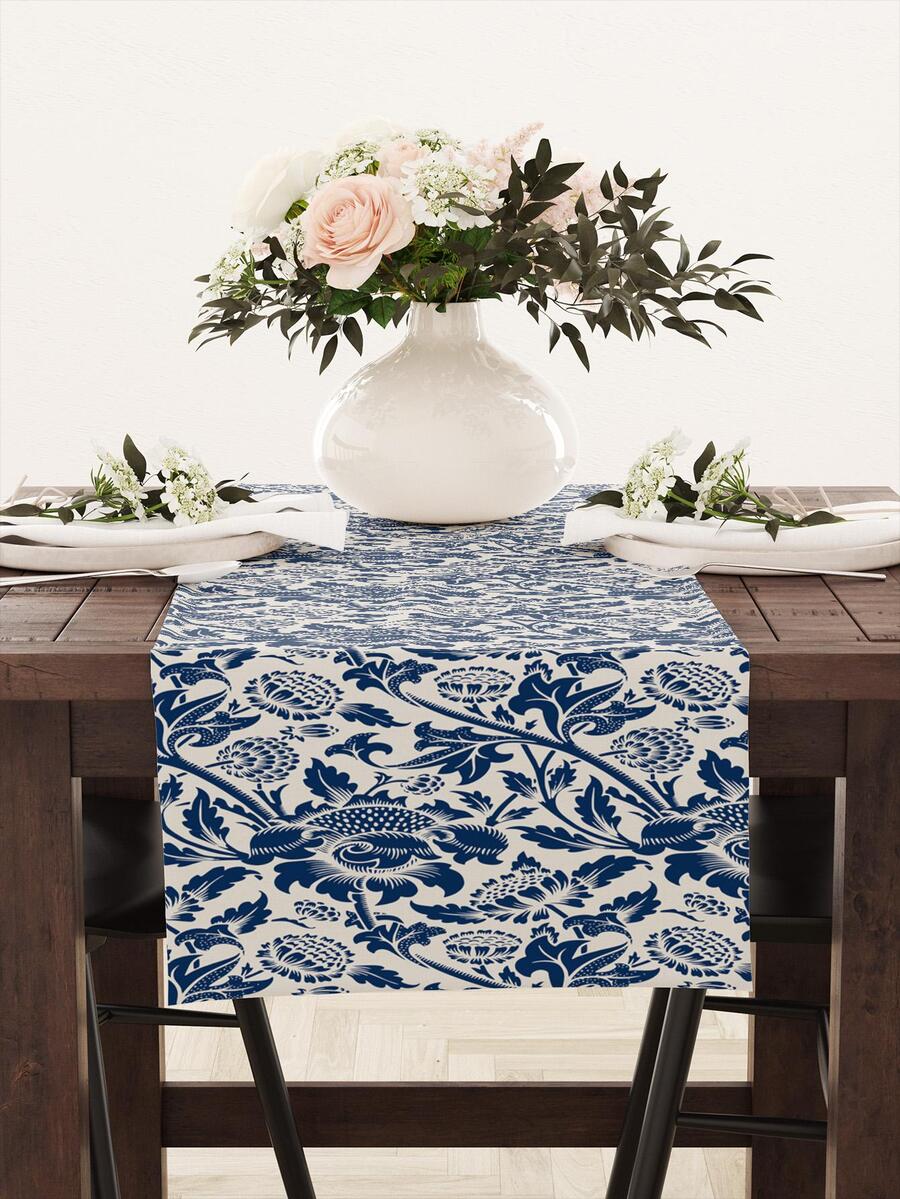 1pc Scroll Pattern Table Runner, Vintage Linen Table Decoration Liner, For Dining Table - Multicolor - View 1
