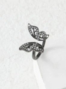 Anillo abierto con diamante de imitación con diseño de mariposa - Negro - Ver 4