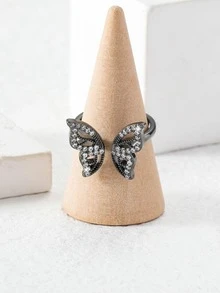 Anillo abierto con diamante de imitación con diseño de mariposa - Negro - Ver 2