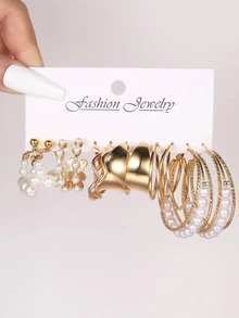 6đôi Đồ trang trí Ngọc Trai giả Hoa tai - Vàng - Xem 1