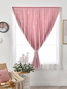 Star Hollow Out Double Layer Single Panel Curtain, Pink Polyester Curtain For Living Room, Bedroom - Pink - View 1