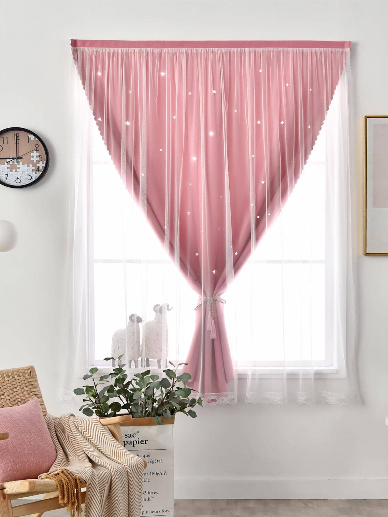 Star Hollow Out Double Layer Single Panel Curtain, Pink Polyester Curtain For Living Room, Bedroom - Pink - View 1