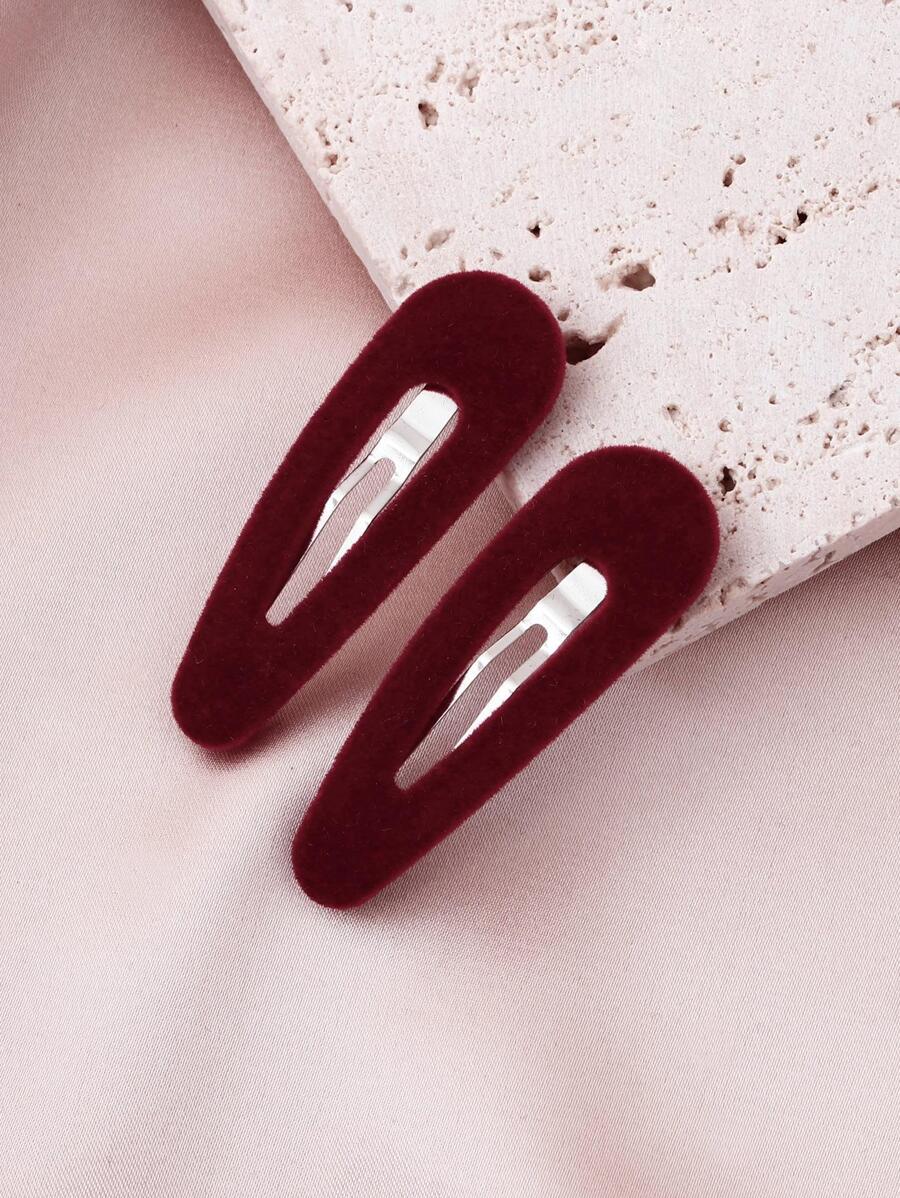 2个装女士毛绒休闲发夹，日常可爱发夹，爪夹，发卡，学习用品，发饰，头部饰品，发夹 - 酒紅色 - 查看 1