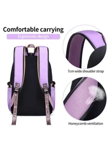 經典彩塊中等大小背包搭配毛球包吊飾,校園背包,大容量,經典,休閒,適用於青少年女孩,女大學生,中學生,戶外,旅行,返校,假期使用 - 紫色 - 查看 7