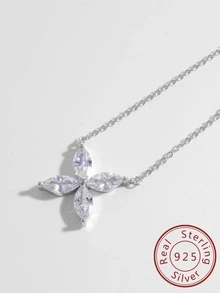 Cubic Zirconia Flower Decor Silver Pendant Necklace - Silver - View 2