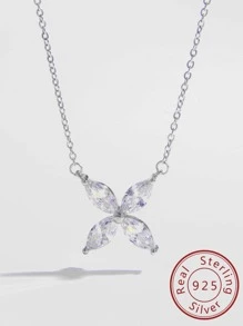 Cubic Zirconia Flower Decor Silver Pendant Necklace - Silver - View 1