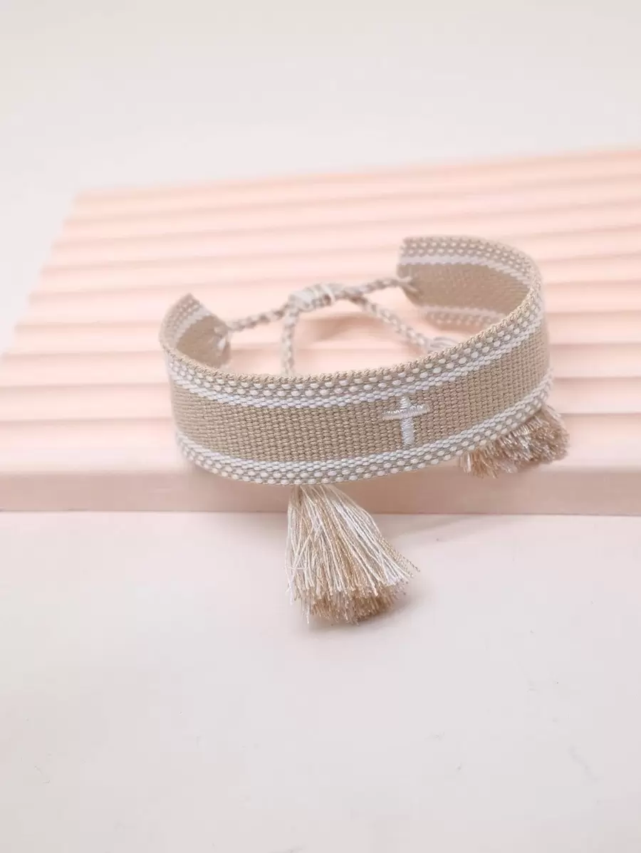 Vòng tay trang trí tua thêu chữ thập - Màu Khaki - Xem 1