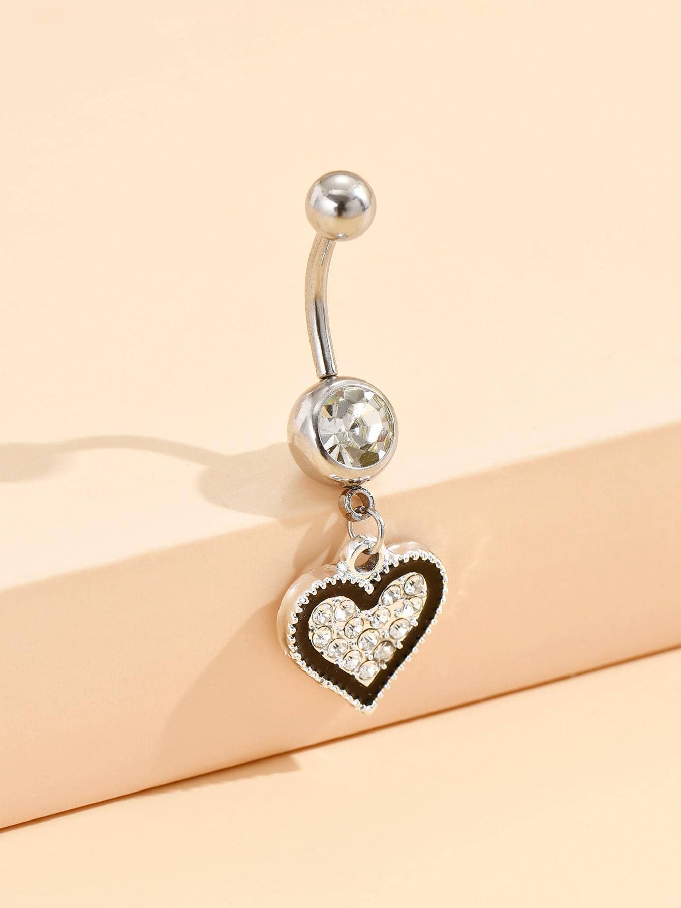 Rhinestone Heart Decor Navel Belly Ring - Silver - View 2
