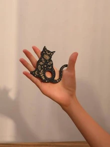 1pc Wooden Decoration Craft, Cat Design Stone Tray For Home - Black - View 4