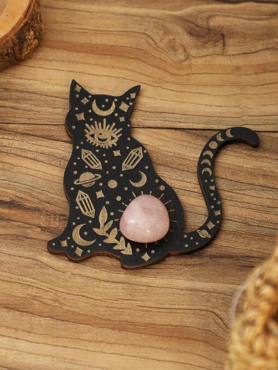 1pc Wooden Decoration Craft, Cat Design Stone Tray For Home - Black - View 1