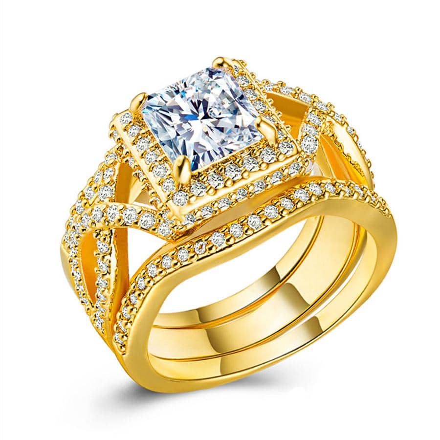 3pcs/set Luxury Cubic Zirconia Decor Ring For Women For Engagement Gift - Yellow Gold - View 1