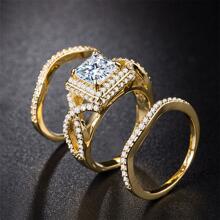 3pcs/set Luxury Cubic Zirconia Decor Ring For Women For Engagement Gift - Yellow Gold - View 2