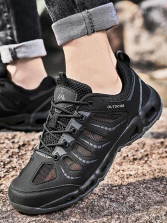 Men'S Plus Size Black Single Mesh Sport Shoes, Outdoor Anti-Slip Summer Hiking Shoes