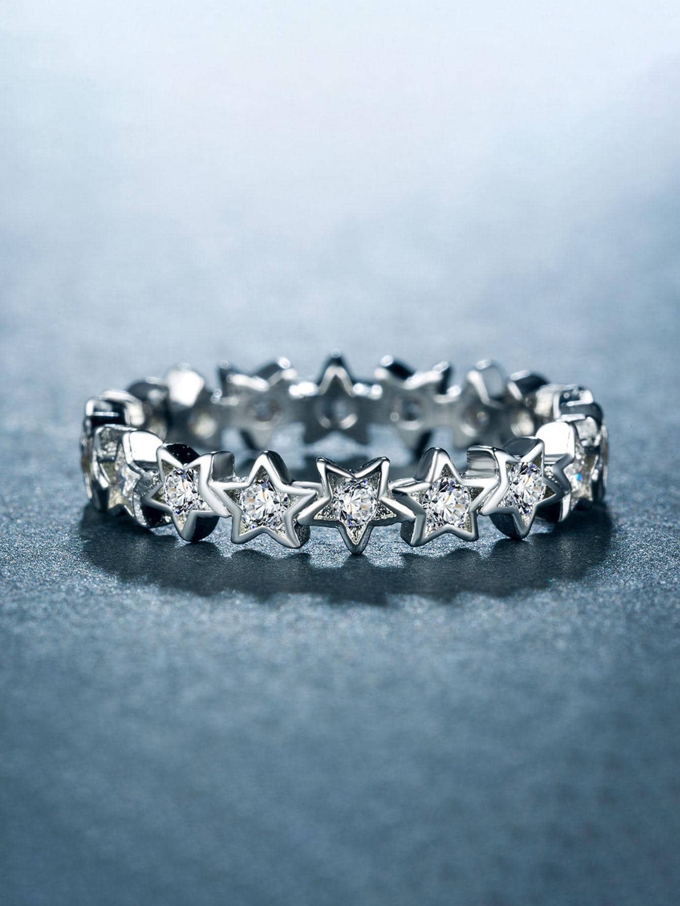 1入組魅力四射方晶鋯石和星形裝飾戒指適合女士適用於禮品 - 銀色 - 查看 1