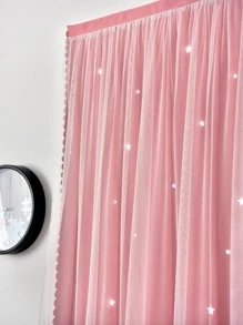 Star Hollow Out Double Layer Single Panel Curtain, Pink Polyester Curtain For Living Room, Bedroom - Pink - View 3