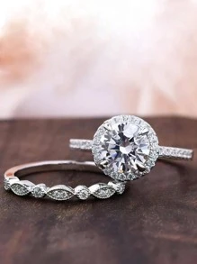 2pcs /SetPromise Ring Inlaid Zirconia Design On The Band Engagement / Wedding Ring Gift For Your Love - White - View 5