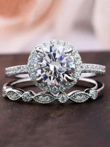 2pcs /SetPromise Ring Inlaid Zirconia Design On The Band Engagement / Wedding Ring Gift For Your Love - White - View 4