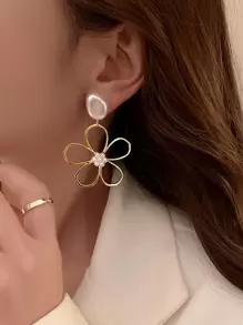 2pcs Faux Pearl Decor Flower Drop Earrings Valentines - Yellow Gold - View 2