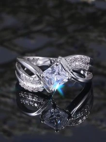 1入組魅力四射方晶鋯石裝飾戒指適合女士適用於訂婚禮物 - 銀色 - 查看 1