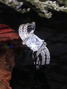 1入組魅力四射方晶鋯石裝飾戒指適合女士適用於訂婚禮物 - 銀色 - 查看 2