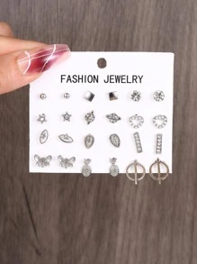 12對/套水鑽心和蝴蝶裝飾耳釘 - 銀色 - 查看 1